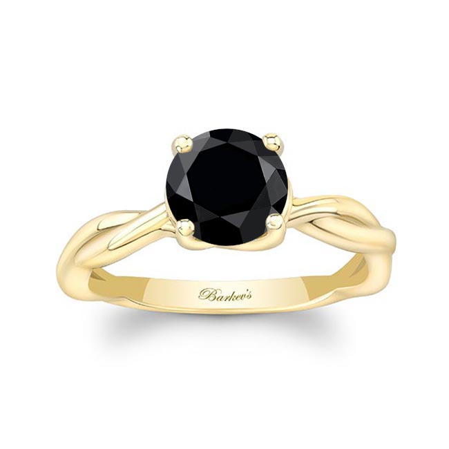 Yellow Gold Black Diamond Twist Solitaire Engagement Ring