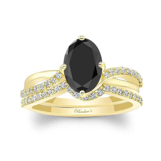  Yellow Gold Oval Black And White Diamond Twist Bridal Set Image 1