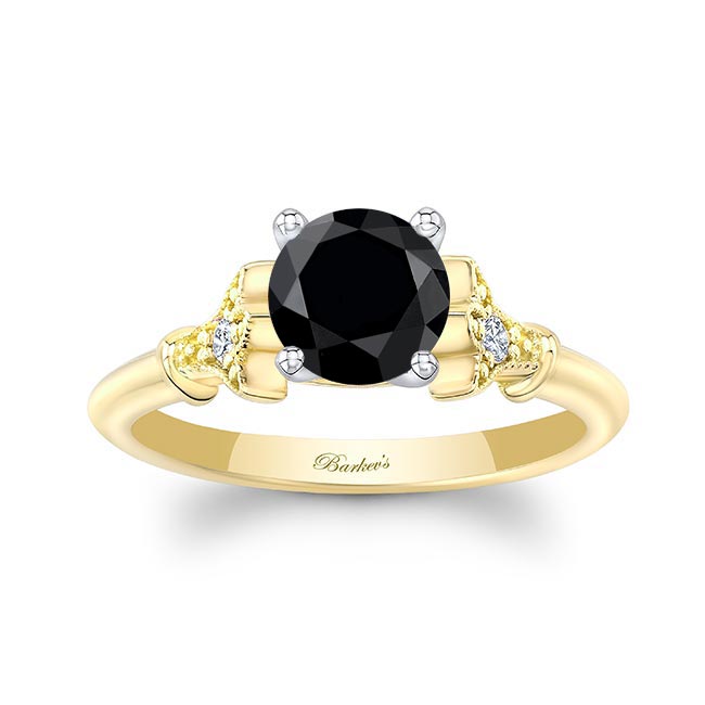 Yellow Gold Petite Leaf Black And White Diamond Engagement Ring