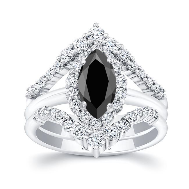 Marquise Cut Black And White Diamond Wedding Set With 2 Bands