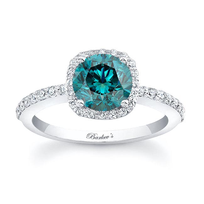 Platinum 1 Carat Round Blue And White Diamond Halo Engagement Ring