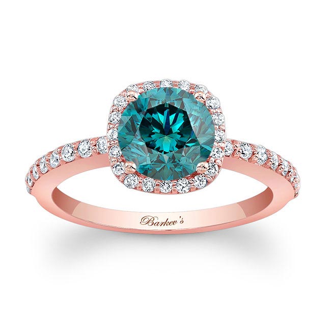 Rose Gold 1 Carat Round Blue And White Diamond Halo Engagement Ring