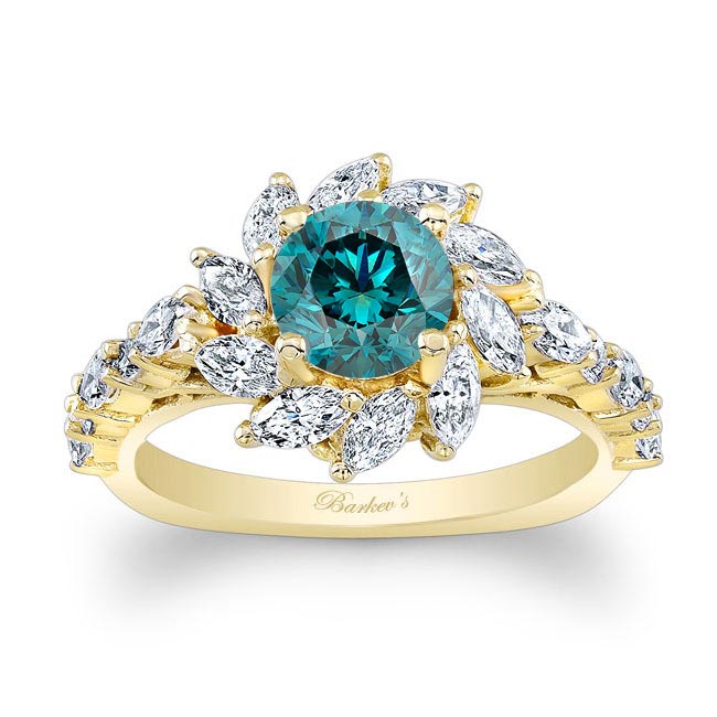 Yellow Gold Blue And White Diamond Sunflower Engagement Ring