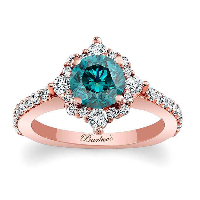 Rose Gold Classic Halo Blue And White Diamond Engagement Ring
