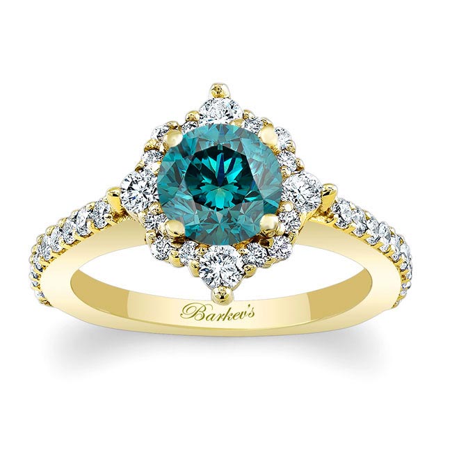 Yellow Gold Classic Halo Blue And White Diamond Engagement Ring