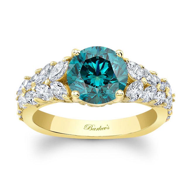 Yellow Gold 2 Carat Round Blue And White Diamond Engagement Ring