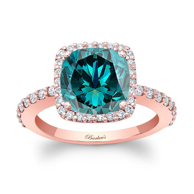 Rose Gold 2 Carat Cushion Cut Blue And White Diamond Halo Engagement Ring