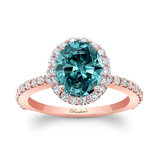 Rose Gold 2 Carat Oval Blue And White Diamond Halo Engagement Ring