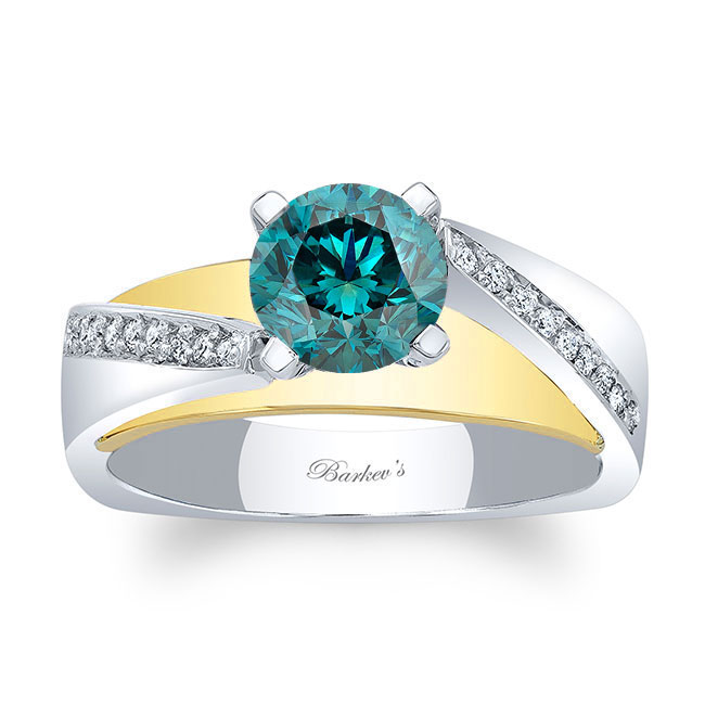 White Yellow Gold Split Shank Pave Blue And White Diamond Engagement Ring