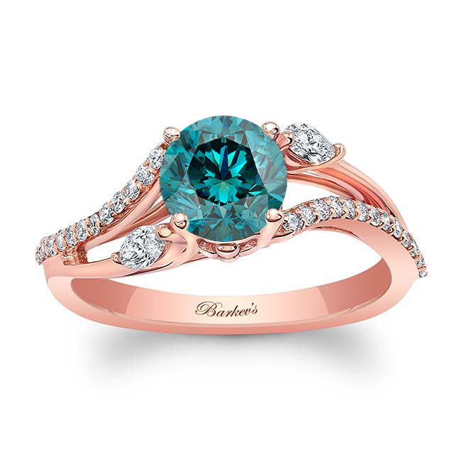 Rose Gold Curved Split Shank Blue And White Diamond Ring