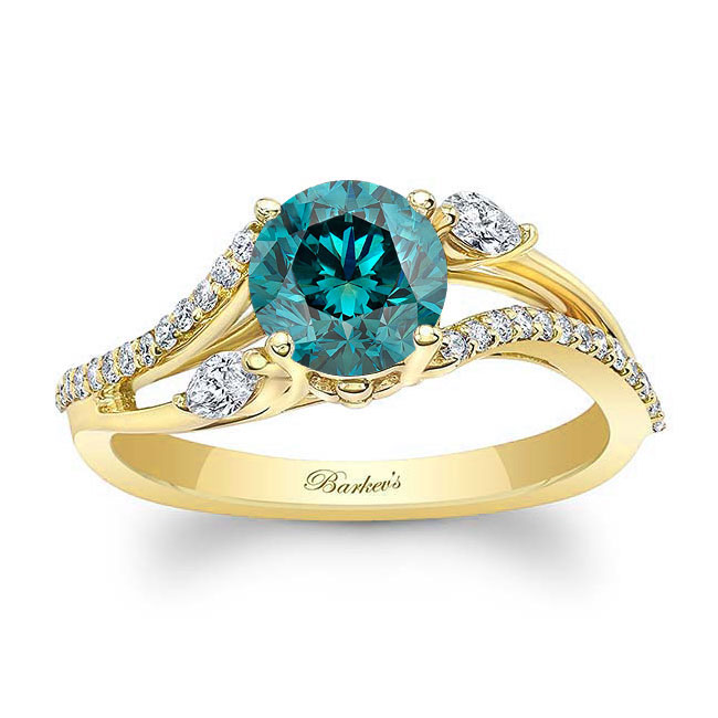 Yellow Gold Curved Split Shank Blue And White Diamond Ring