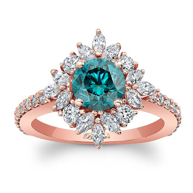 Rose Gold Marquise Halo Blue And White Diamond Engagement Ring