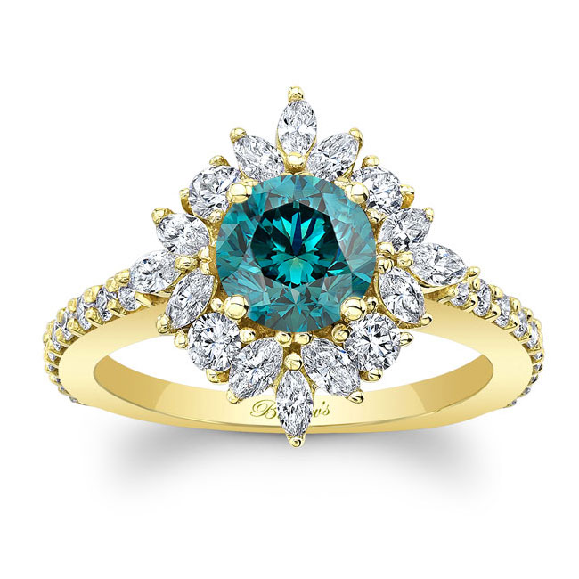 Yellow Gold Marquise Halo Blue And White Diamond Engagement Ring