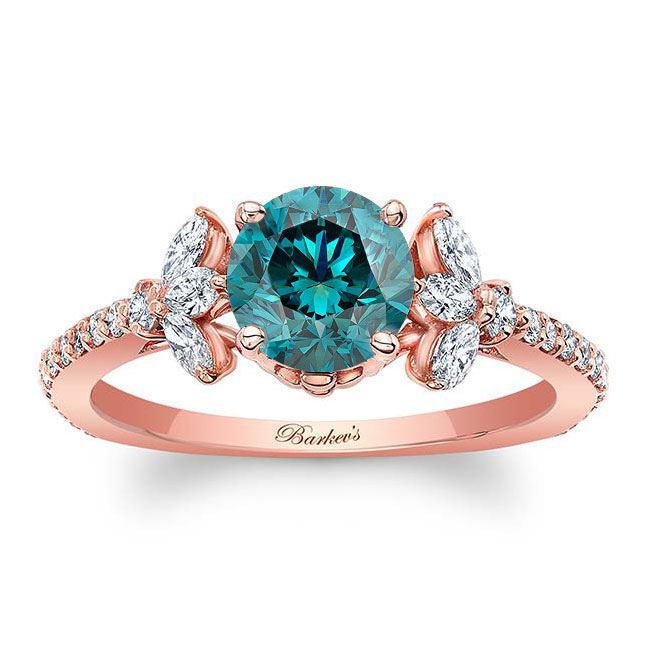 Rose Gold Blue And White Diamond Leaf Engagement Ring
