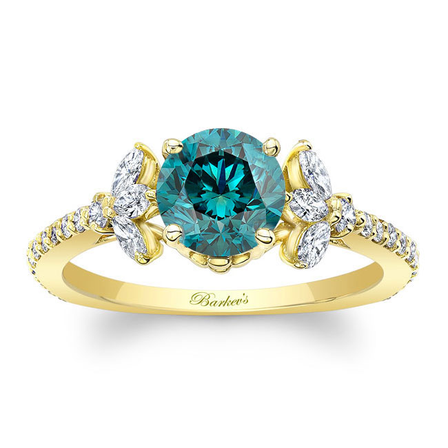 Yellow Gold Blue And White Diamond Leaf Engagement Ring