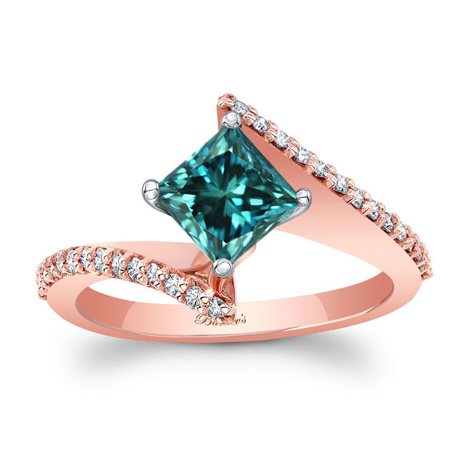 Rose Gold Princess Cut Blue And White Diamond Bypass Ring