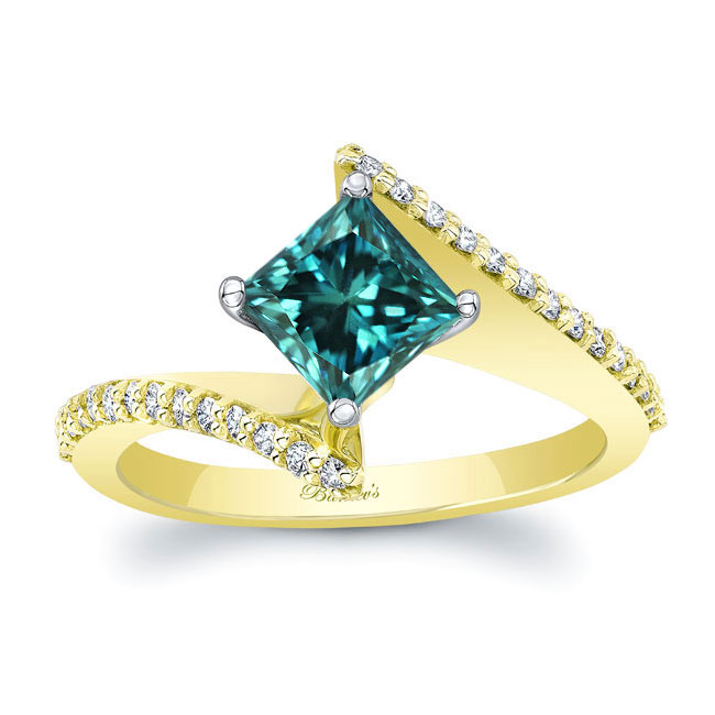 Yellow Gold Princess Cut Blue And White Diamond Bypass Ring