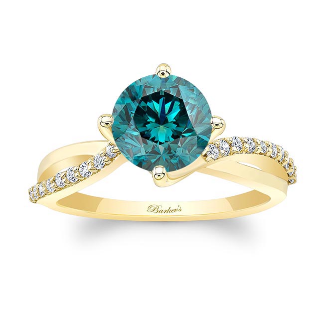 Yellow Gold 2 Carat Twisted Blue And White Diamond Engagement Ring