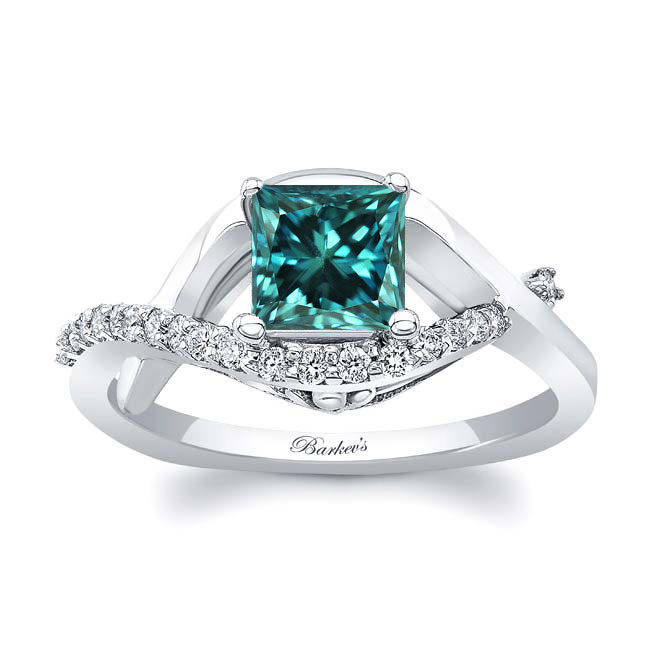 Platinum Criss Cross Princess Cut Blue And White Diamond Engagement Ring Image 1
