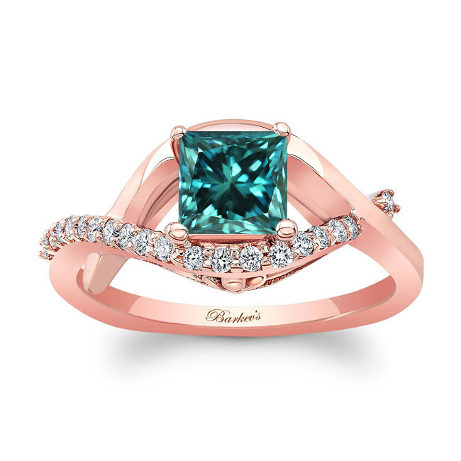  Rose Gold Criss Cross Princess Cut Blue And White Diamond Engagement Ring Image 1