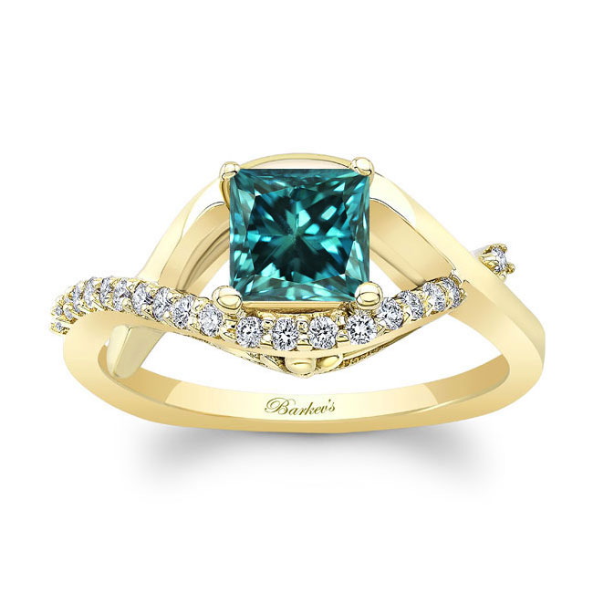  Yellow Gold Criss Cross Princess Cut Blue And White Diamond Engagement Ring Image 1