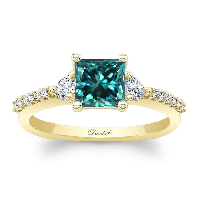 Yellow Gold Blue And White Diamond 3 Stone Princess Cut Engagement Ring