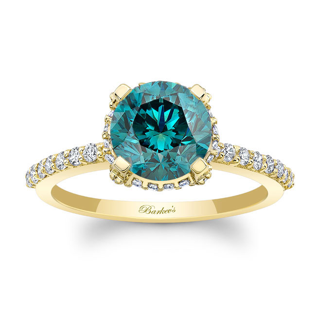 Yellow Gold Blue And White Diamond Hidden Halo Ring