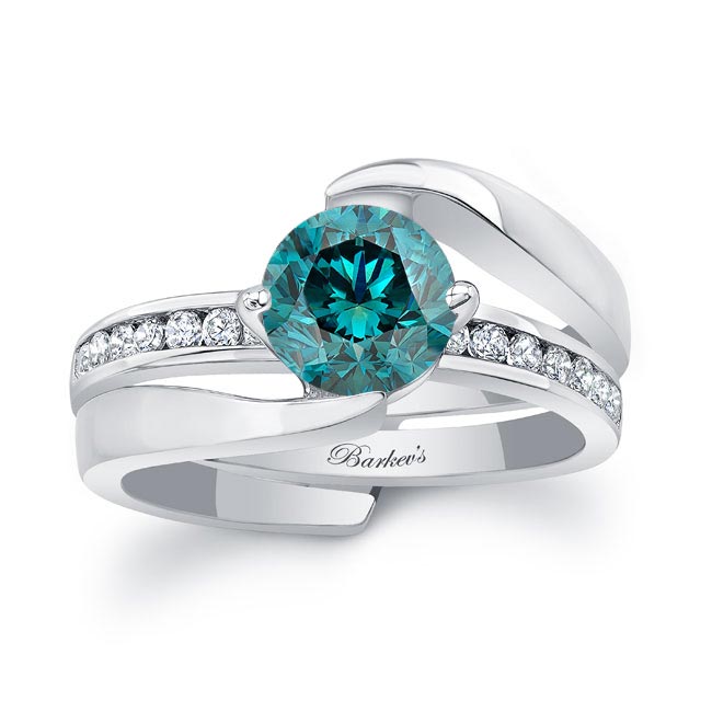 White Gold Interlocking Blue And White Diamond Wedding Ring Set