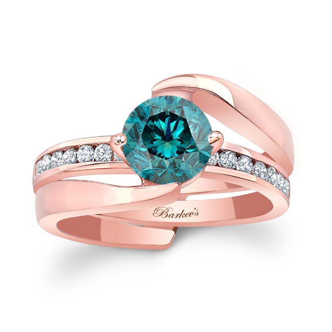 Rose Gold Interlocking Blue And White Diamond Wedding Ring Set