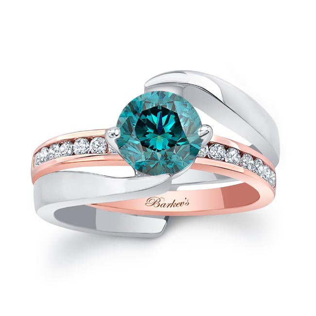 White Rose Gold Interlocking Blue And White Diamond Wedding Ring Set