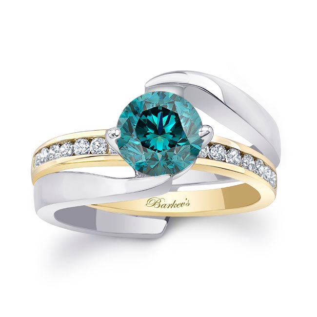 White Yellow Gold Interlocking Blue And White Diamond Wedding Ring Set