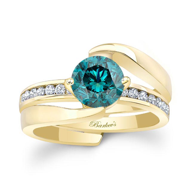 Yellow Gold Interlocking Blue And White Diamond Wedding Ring Set