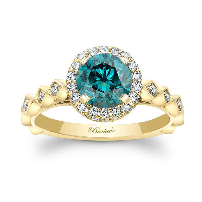 Yellow Gold Vintage Halo Blue And White Diamond Ring