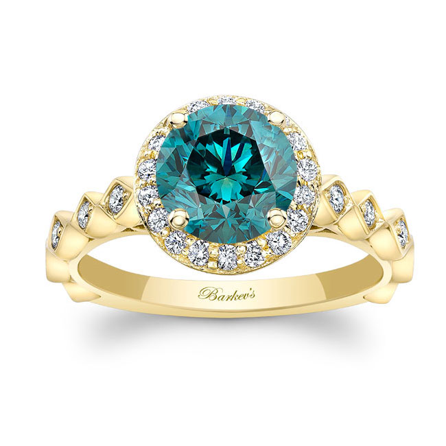  Yellow Gold Vintage Halo Blue And White Diamond Engagement Ring Image 1