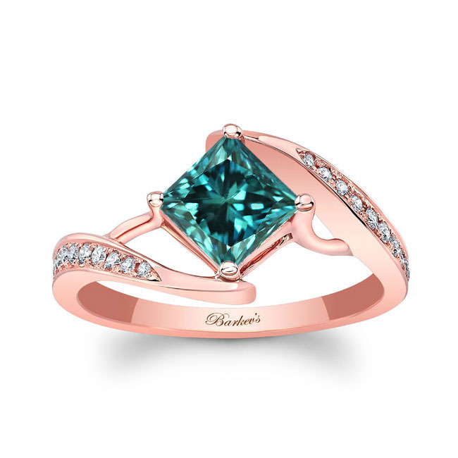 Rose Gold Unique Princess Cut Blue And White Diamond Ring