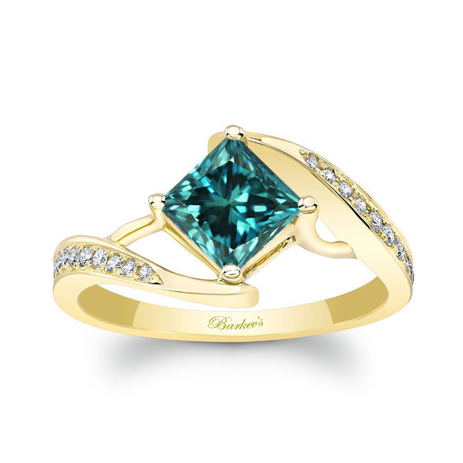 Yellow Gold Unique Princess Cut Blue And White Diamond Ring