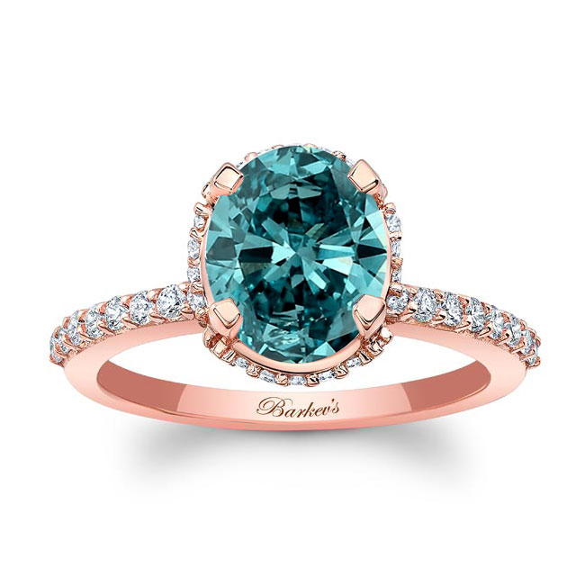 Rose Gold Hidden Halo Oval Blue And White Diamond Engagement Ring