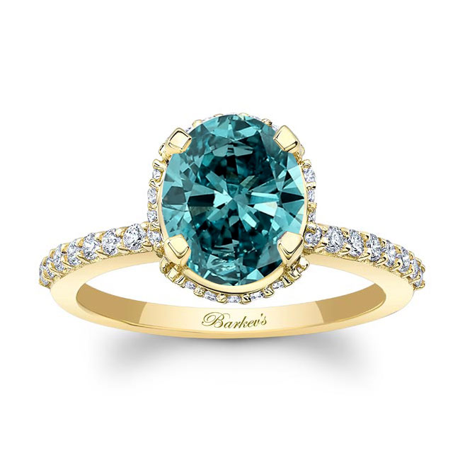 Yellow Gold Hidden Halo Oval Blue And White Diamond Engagement Ring