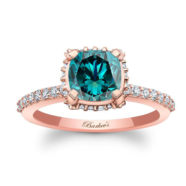 Rose Gold Cushion Halo Blue And White Diamond Engagement Ring