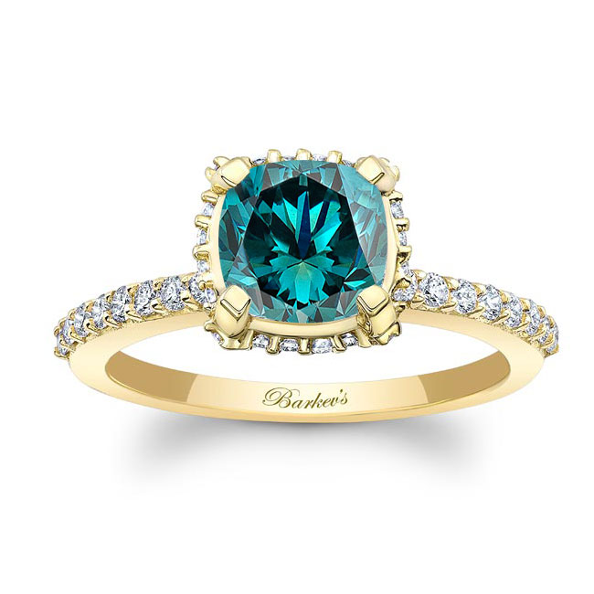 Yellow Gold Cushion Halo Blue And White Diamond Engagement Ring