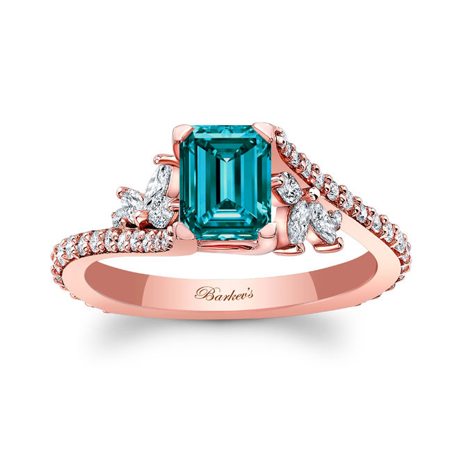 Rose Gold 1 Carat Emerald Cut Blue And White Diamond Ring