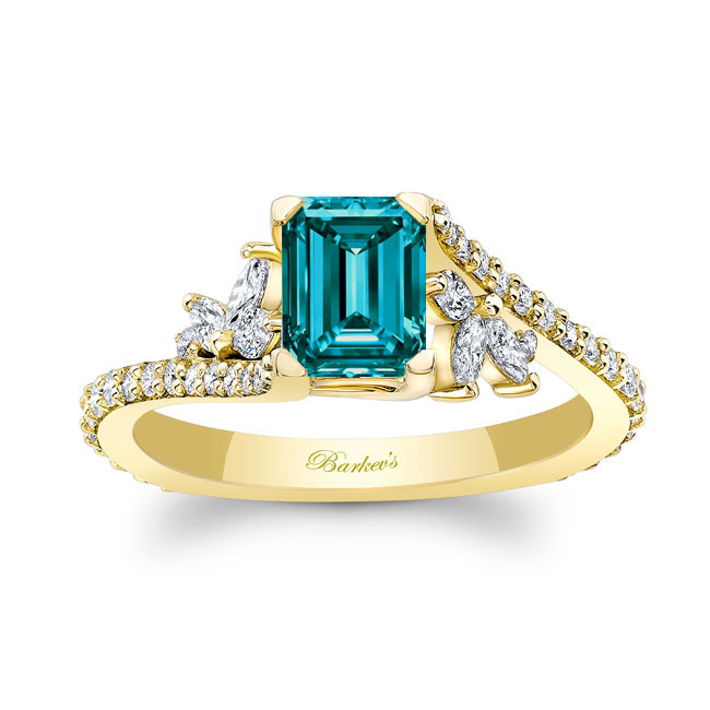 Yellow Gold 1 Carat Emerald Cut Blue And White Diamond Ring