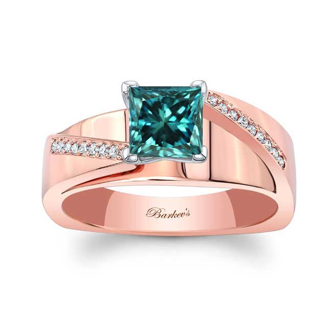 Rose Gold Princess Cut Blue Diamond Pave Engagement Ring