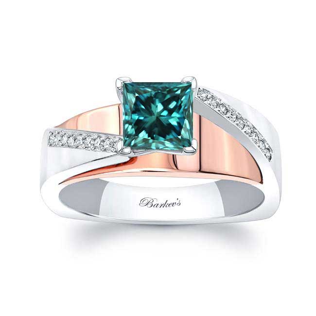 White Rose Gold Princess Cut Blue Diamond Pave Engagement Ring
