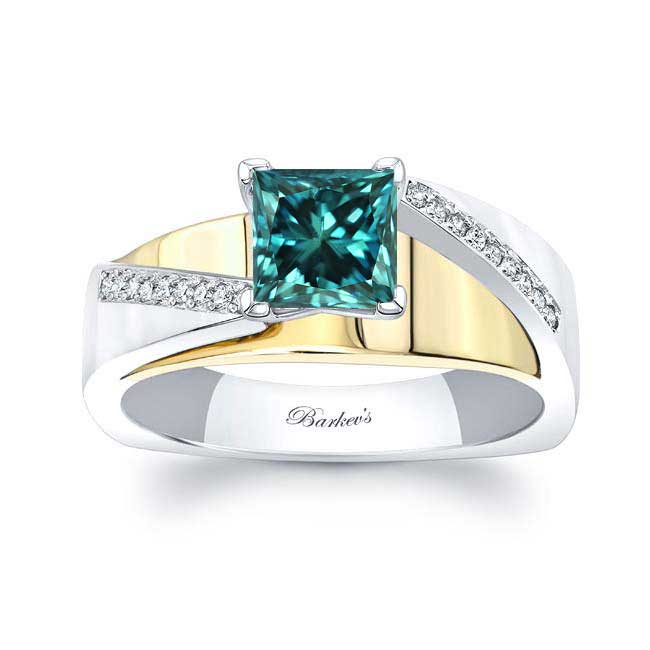 White Yellow Gold Princess Cut Blue Diamond Pave Engagement Ring