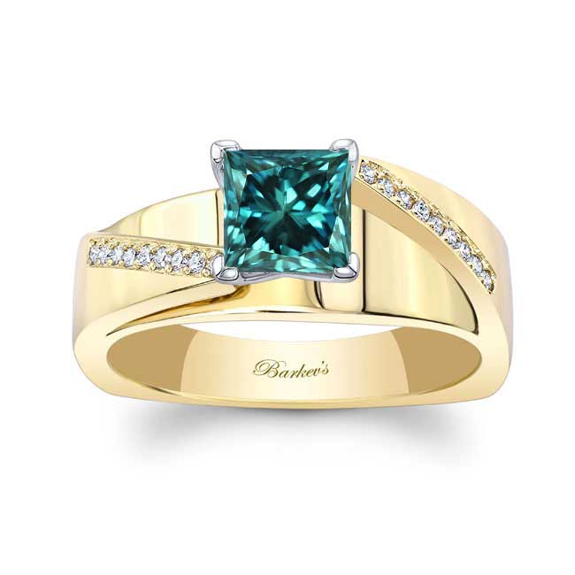  Yellow Gold Princess Cut Blue Diamond Pave Engagement Ring Image 1