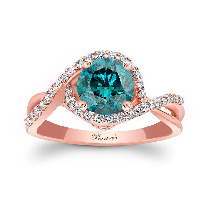 Rose Gold Twisted Halo Blue And White Diamond Engagement Ring