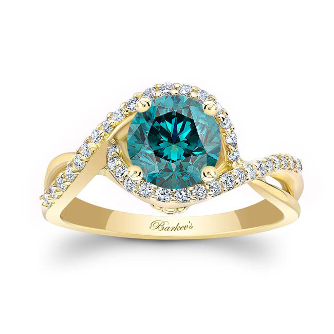 Yellow Gold Twisted Halo Blue And White Diamond Engagement Ring