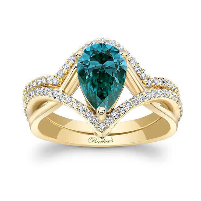 Yellow Gold Unique Pear Shaped Blue And White Diamond Wedding Set