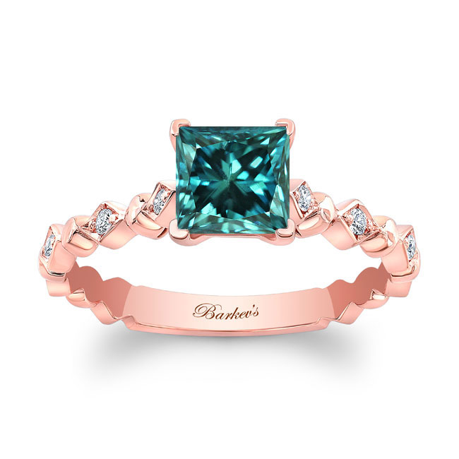 Rose Gold Art Deco Princess Blue Diamond Ring
